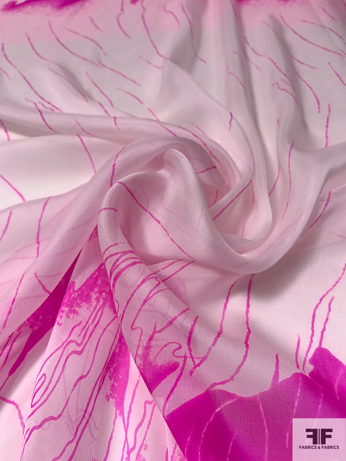 Abstract Flaming Striations Printed Fine Silk Chiffon - Hot Magenta / Faint Ballet Pink