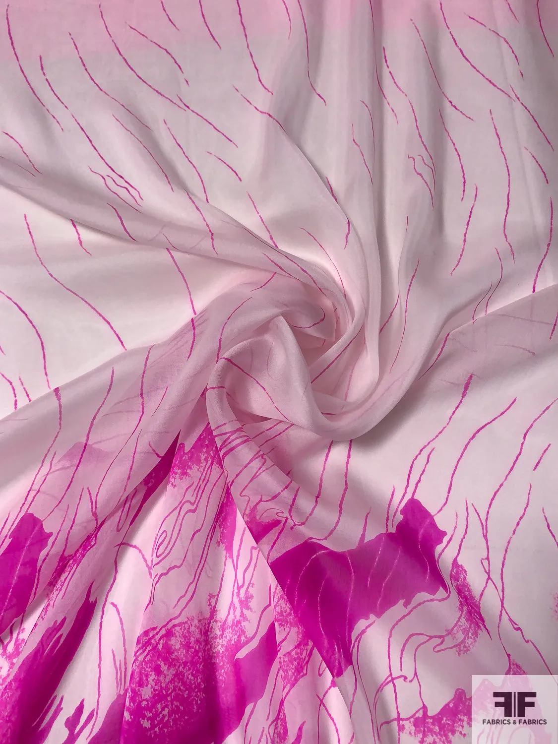 Abstract Flaming Striations Printed Fine Silk Chiffon - Hot Magenta / Faint Ballet Pink