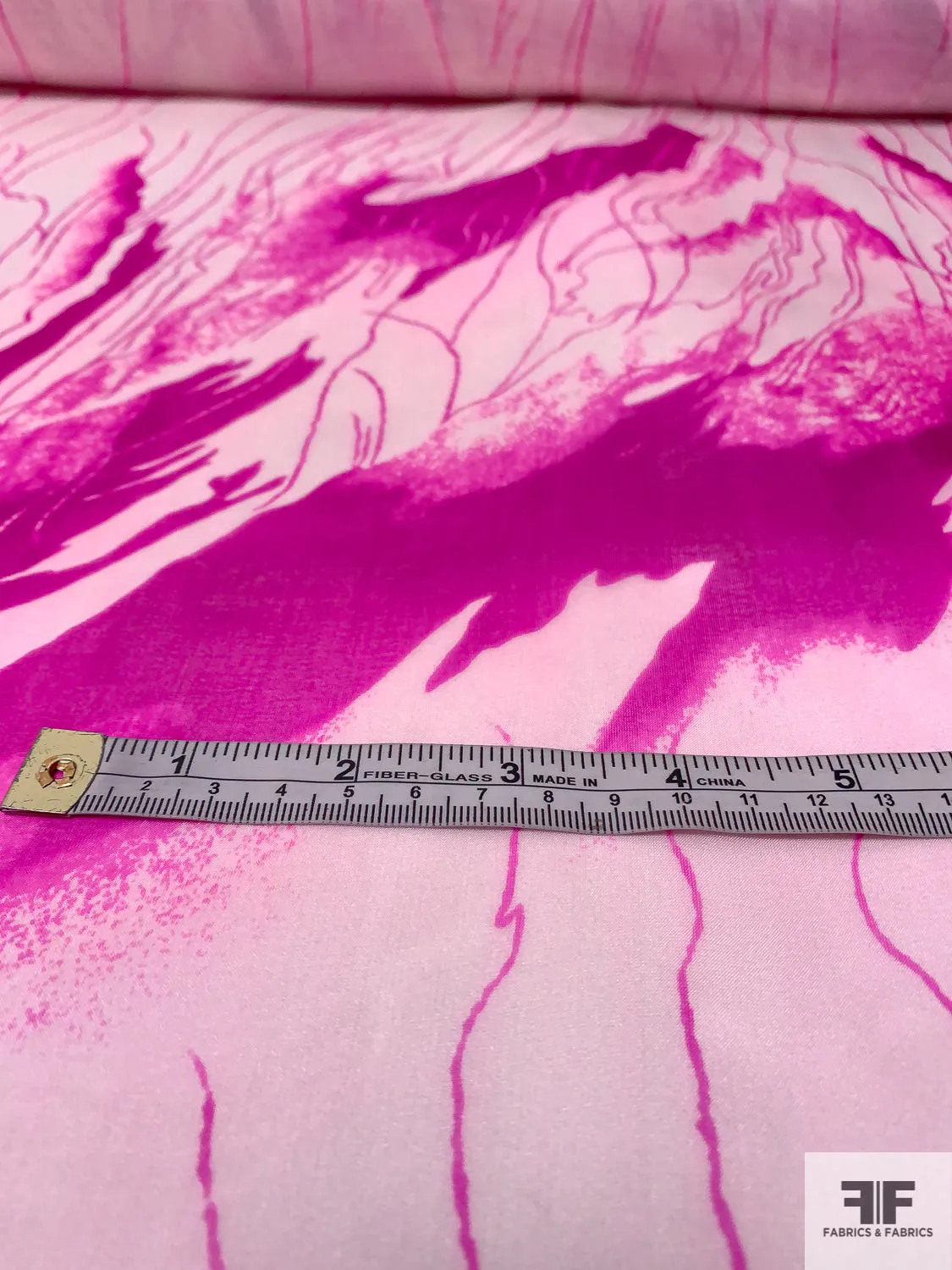 Abstract Flaming Striations Printed Fine Silk Chiffon - Hot Magenta / Faint Ballet Pink