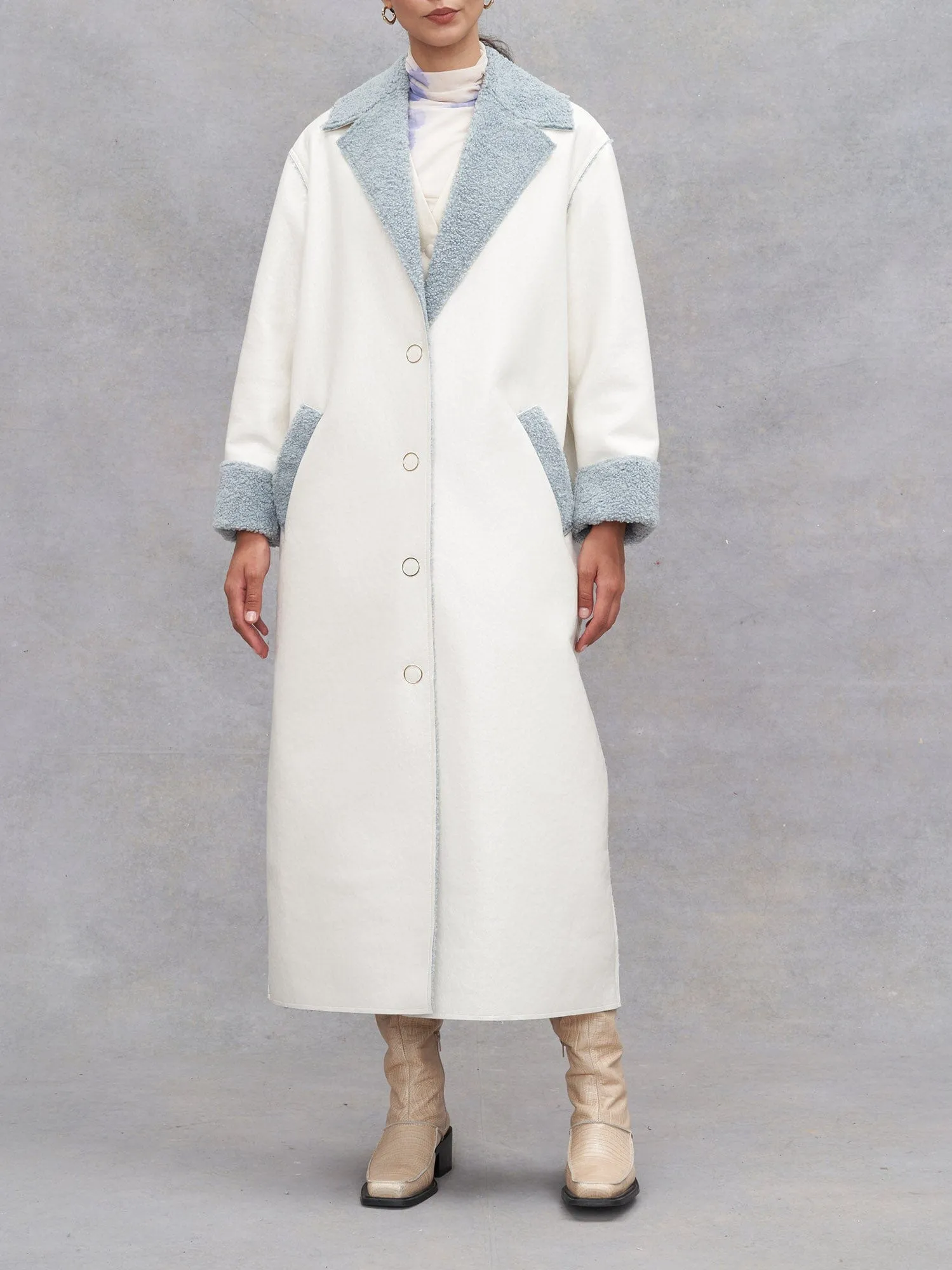 ACHAB - Manteau long col tailleur en vinyle et inspiration shearling Beige et Gris