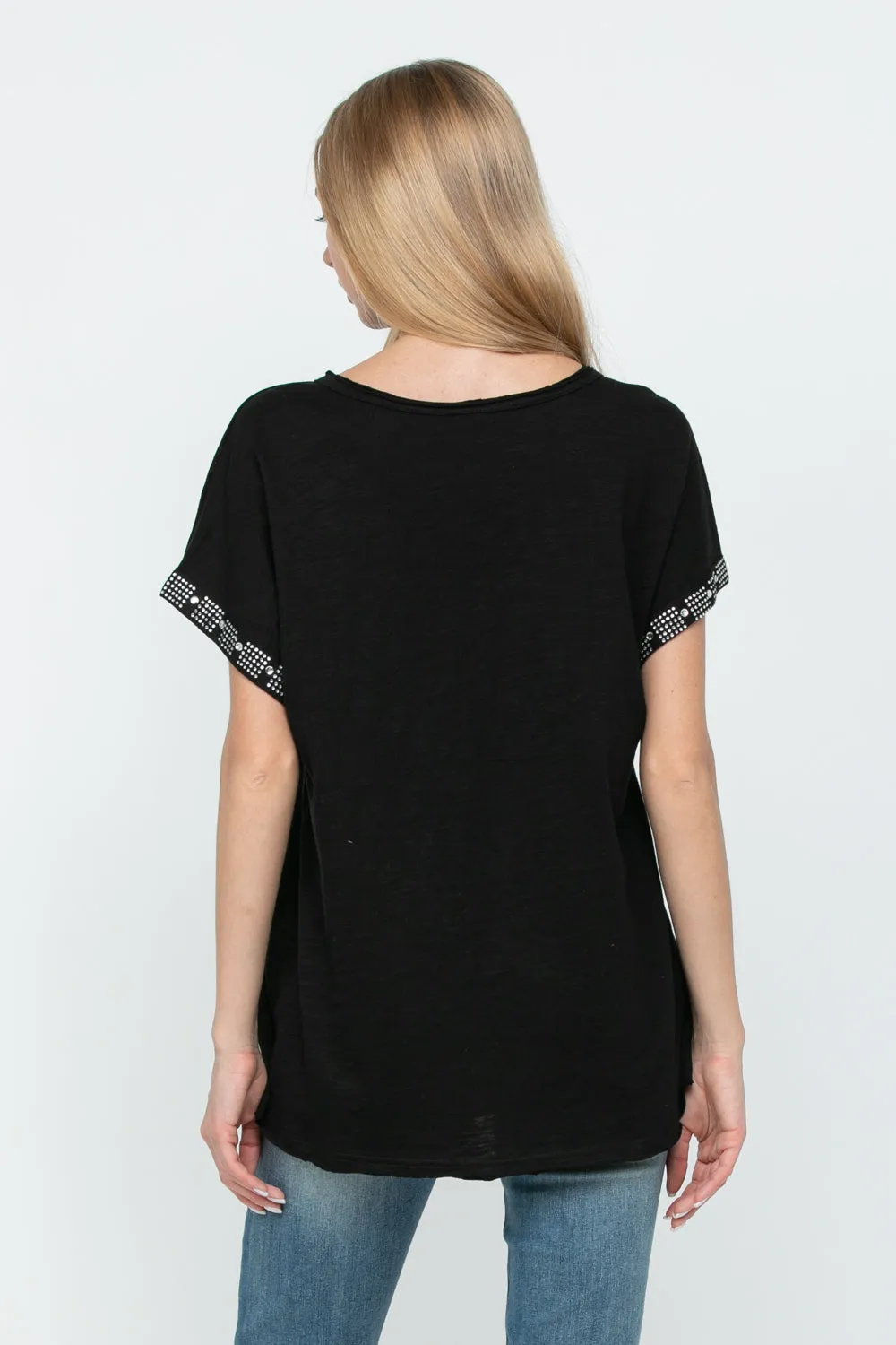 Black Ballet Neck Top with Rhinestone Sleeve Detail