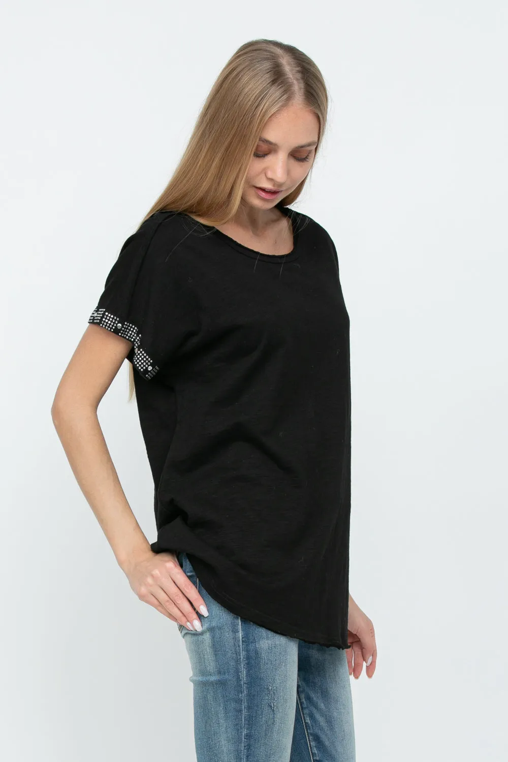 Black Ballet Neck Top with Rhinestone Sleeve Detail