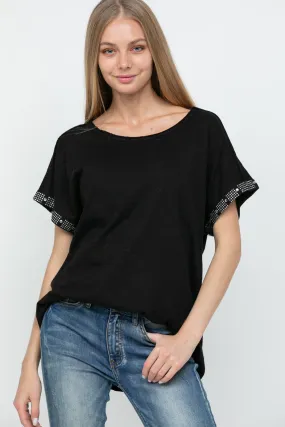 Black Ballet Neck Top with Rhinestone Sleeve Detail