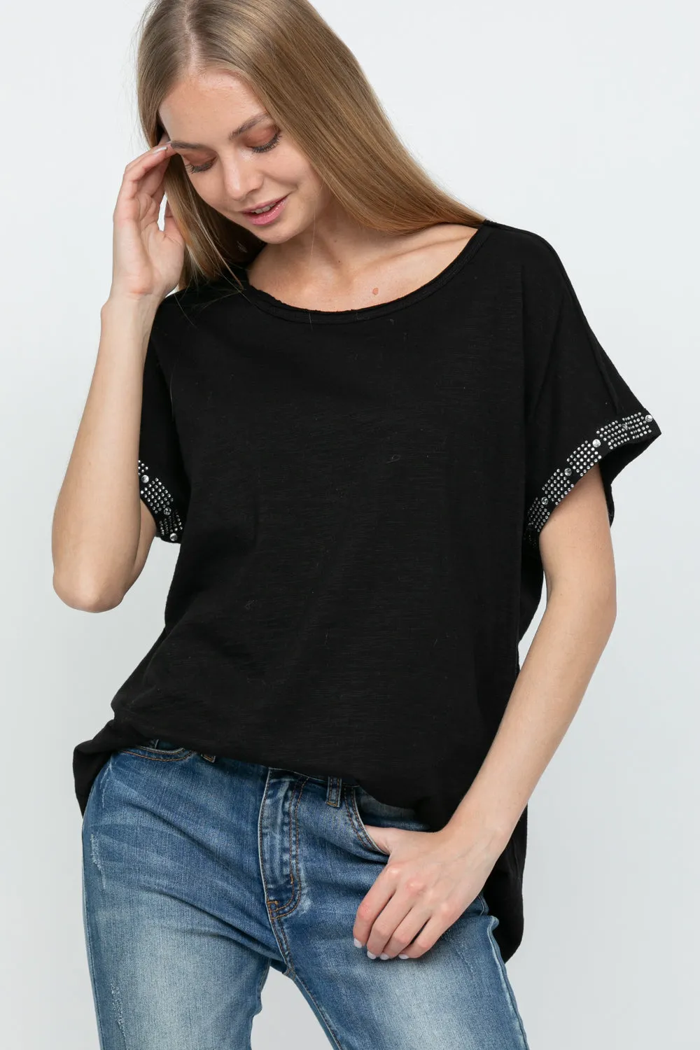 Black Ballet Neck Top with Rhinestone Sleeve Detail