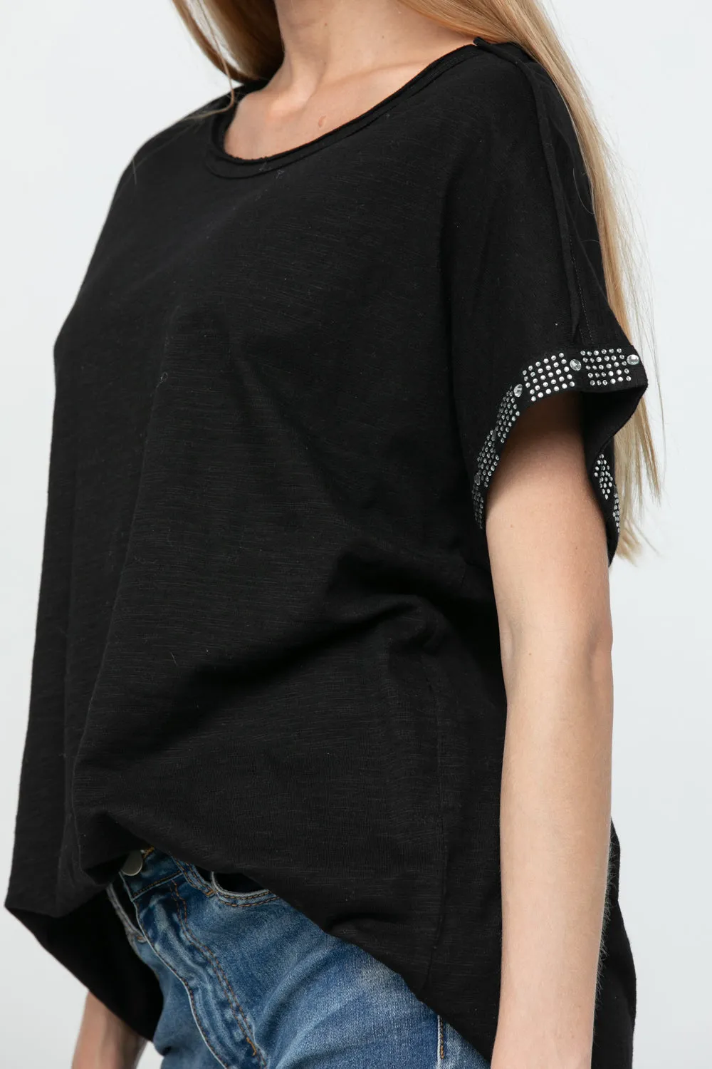 Black Ballet Neck Top with Rhinestone Sleeve Detail