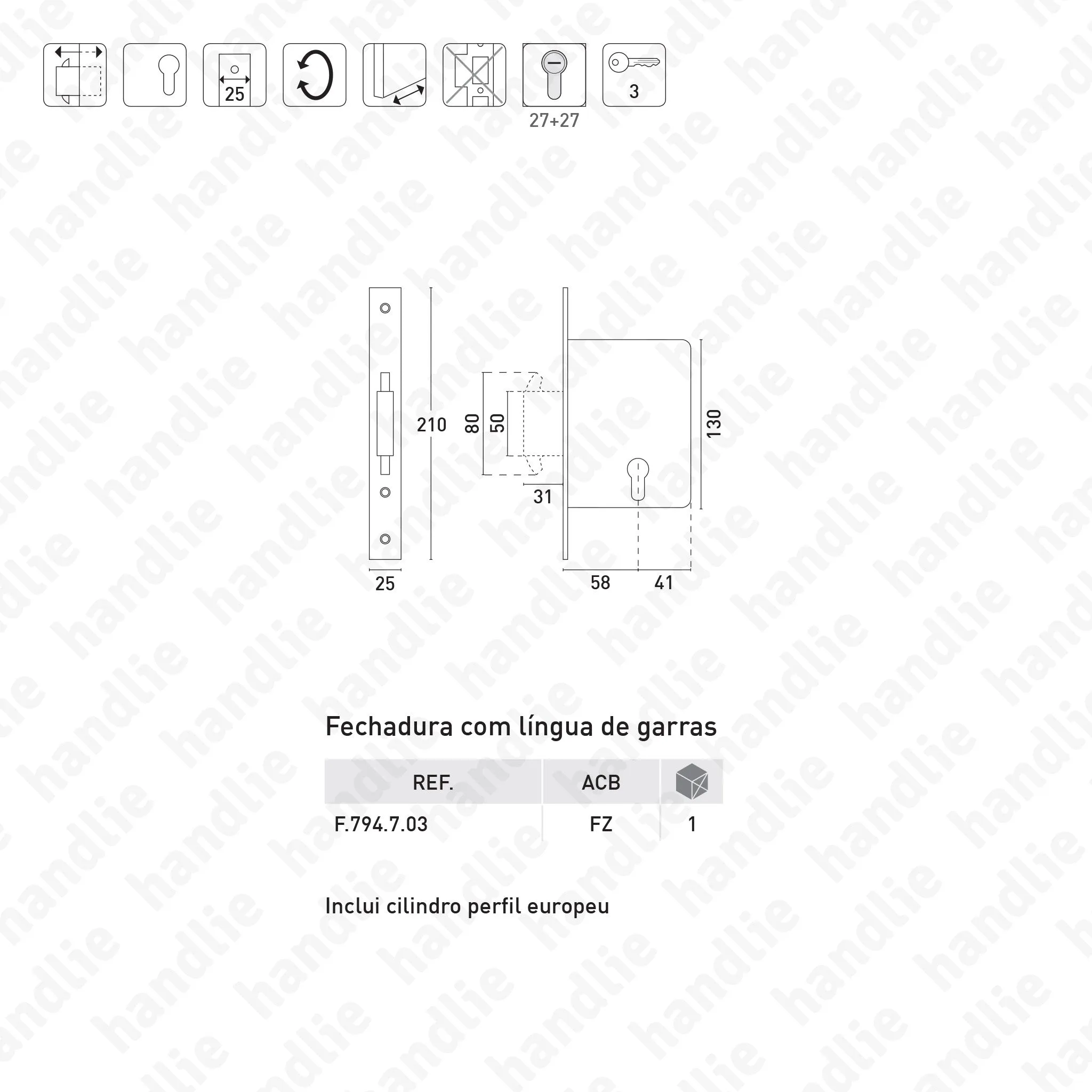 F.794.7.03 - Fechadura embutir com língua forte deslizante garras para cilindro europeu