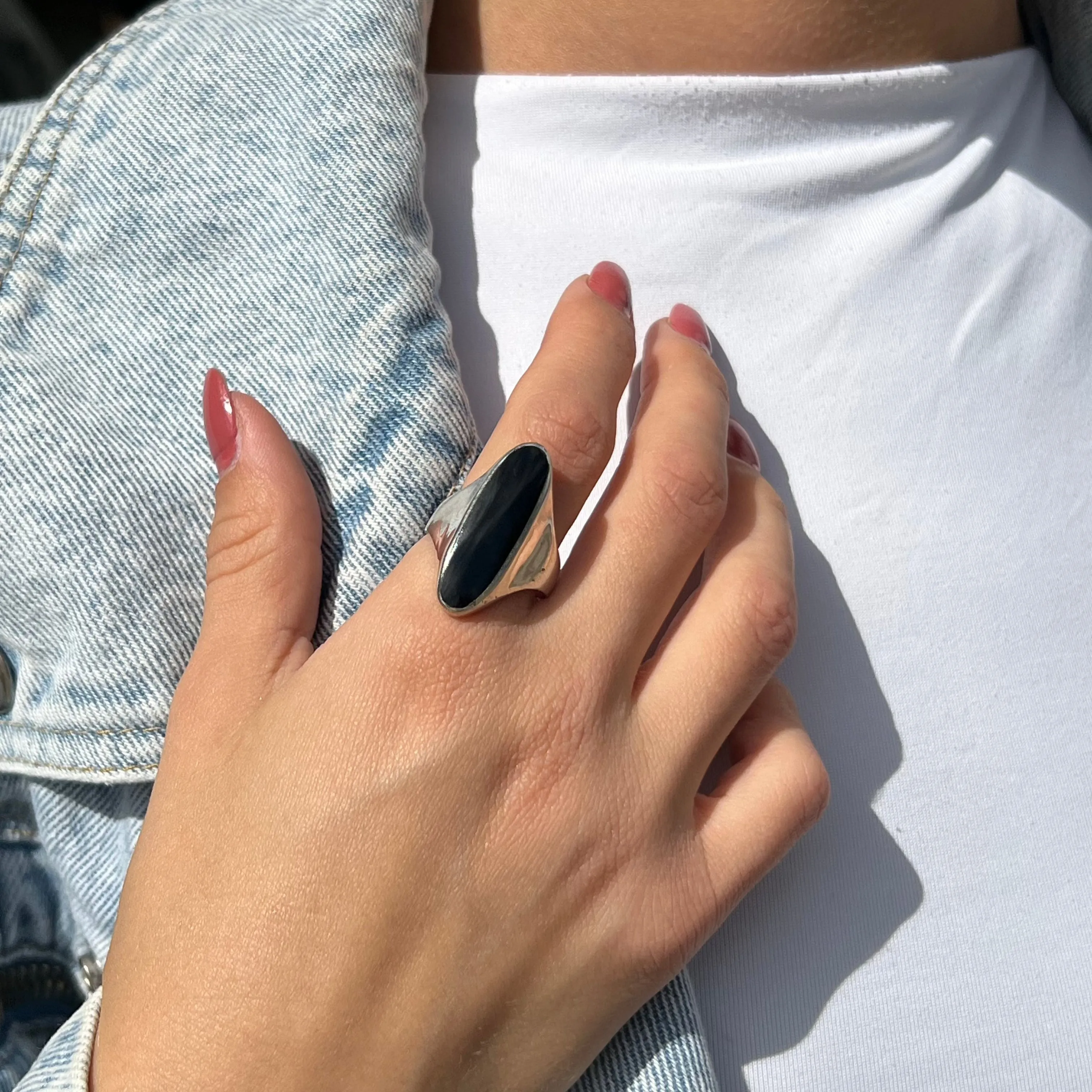 Fingerring, Smal oval onyx, sterlingsølv