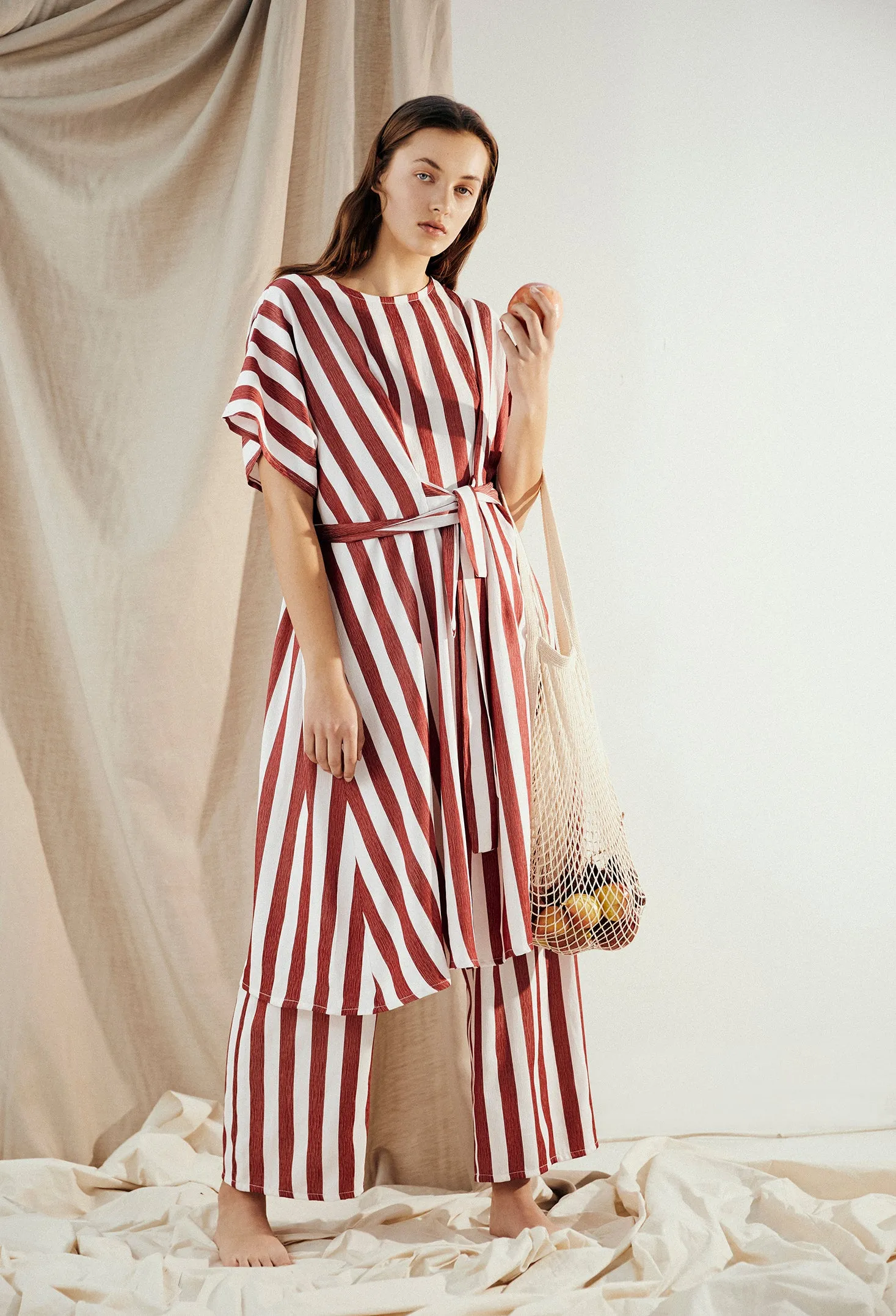 ORIGINAL SIN PANTS ~ POMEGRANATE [ Red & Whited Striped, Wide Leg Drawstring Culottes ]